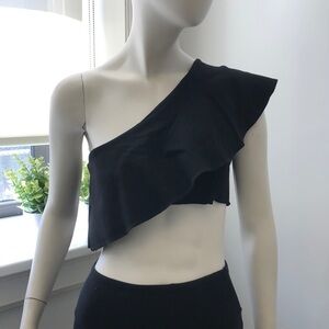 BLACK ONE SHOULDER RUFFLE CROP TOP SIZE MEDIUM
